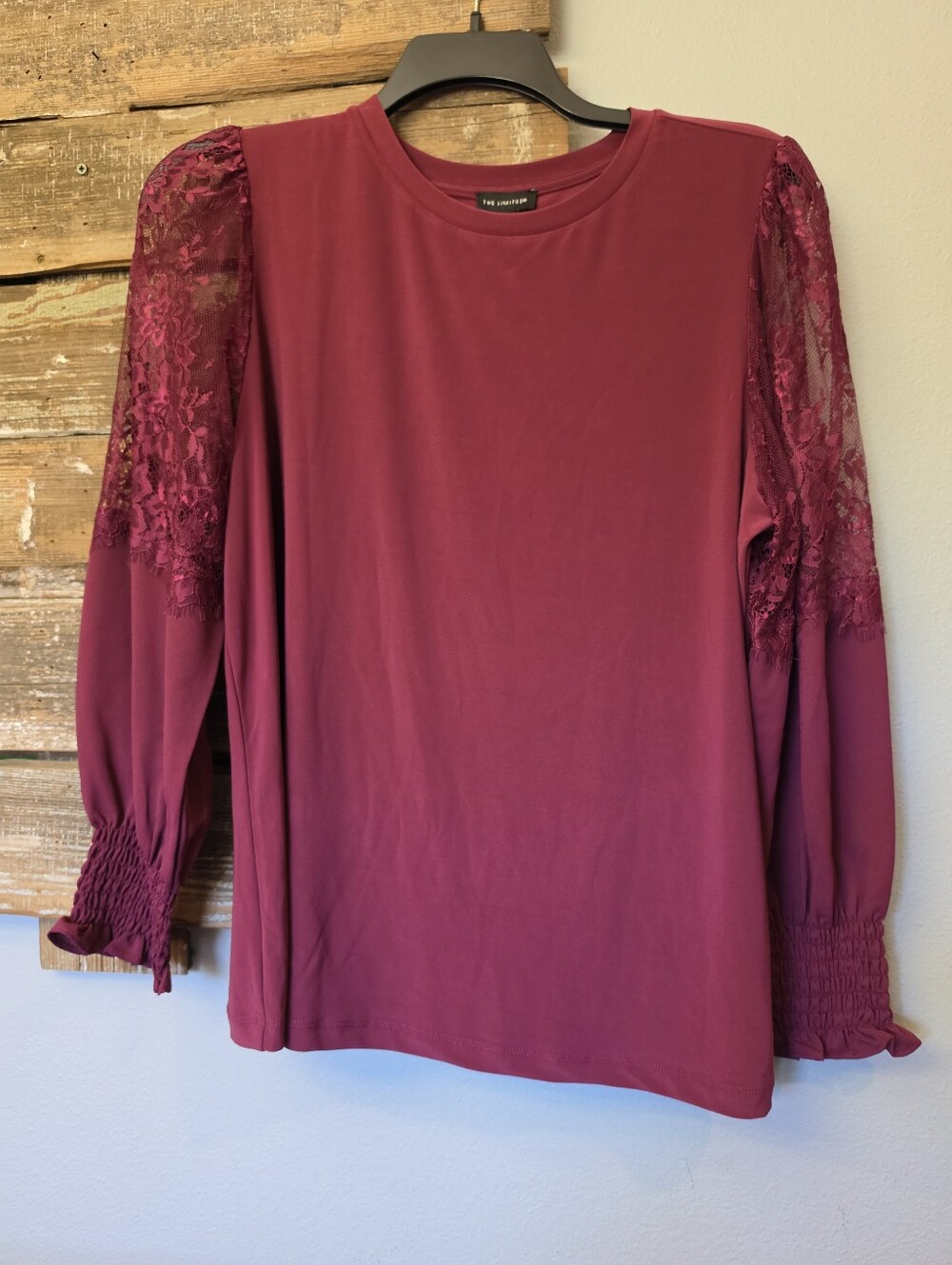 The Limited Plus 1X NWT Burgundy Lace Sleeve Blouse Smocked Cuff Top
